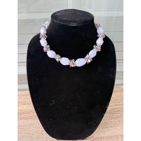 Vintage Madewell Blue Lace Agate Necklace Faceted Gemstone Sterling Silver Clasp - Picture 3 of 5